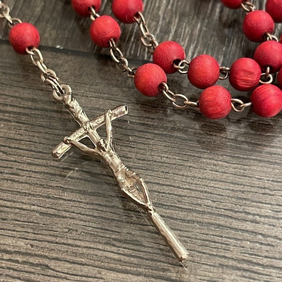 Perfume Scent Rosary Necklace - Red Wooden beaded Rosary - Picture 2 of 14